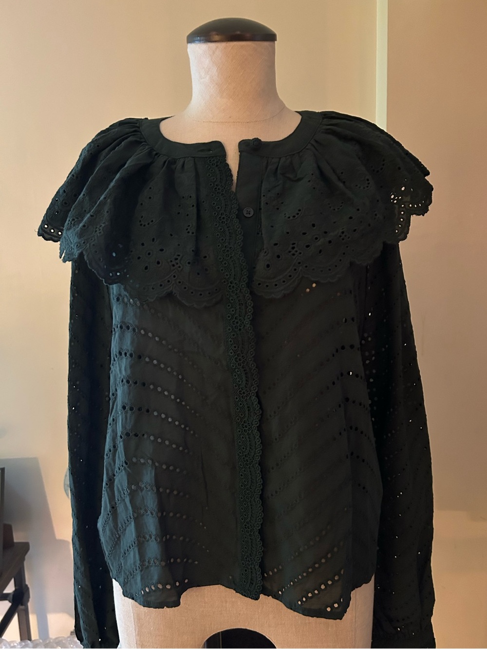 Caroline Constas Dark Green Eyelet Ruffled Cape Collar Blouse. Large.
